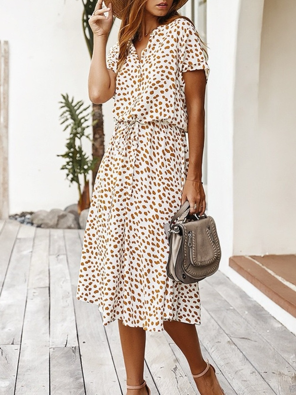 Animal Print Drawstring Waist Midi Dress